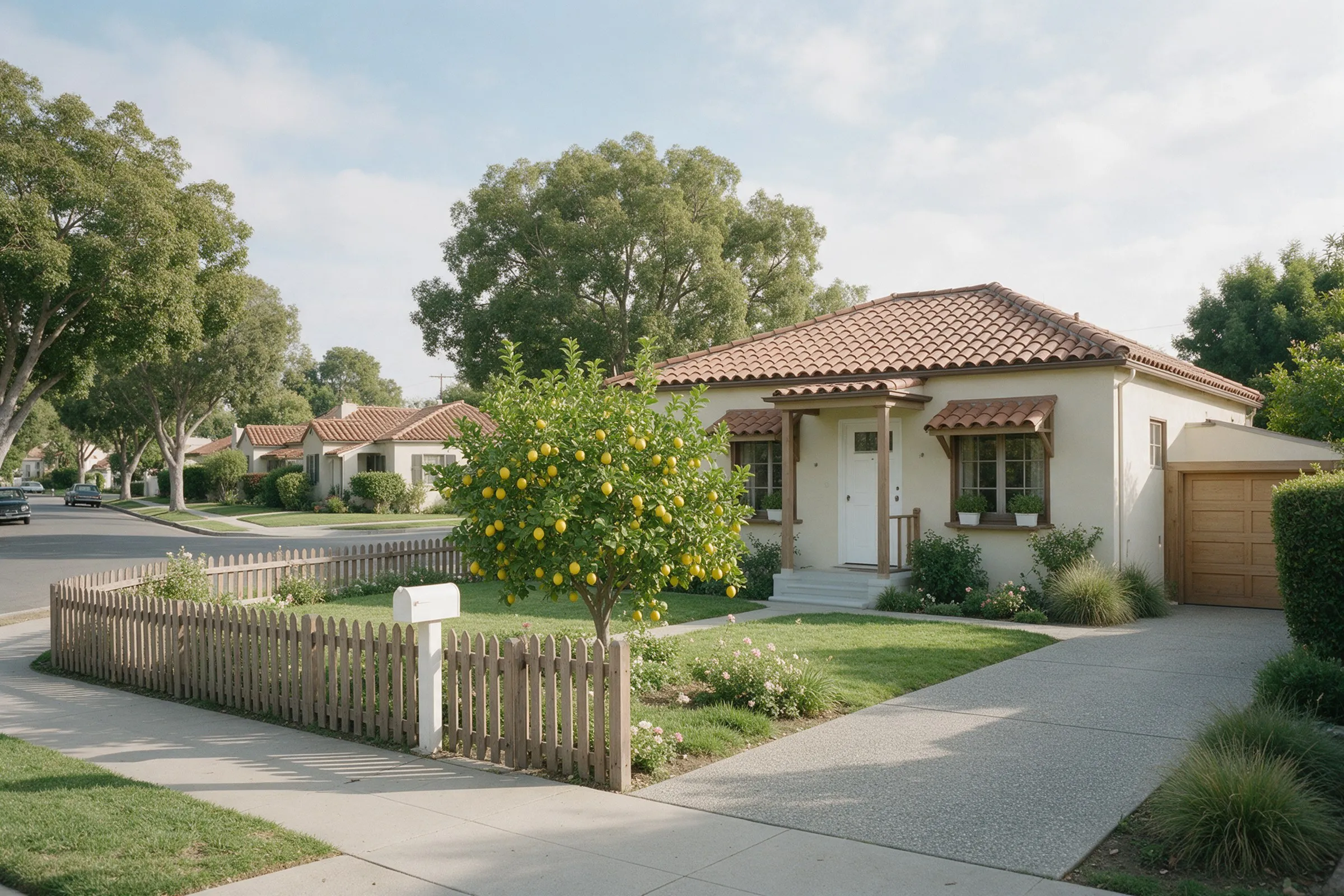 A single-story Spanish-style house with a lemon tree and a picket fence