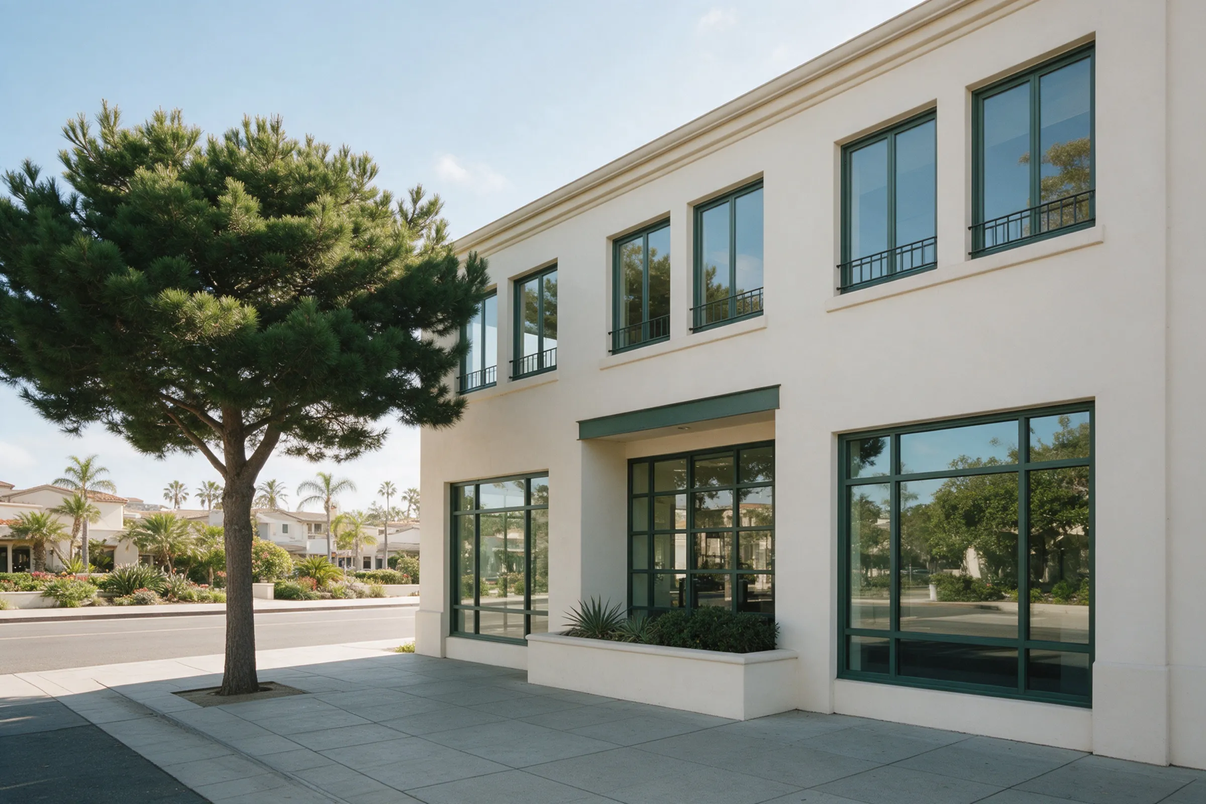 A small two-story office building with white walls and dark green windows