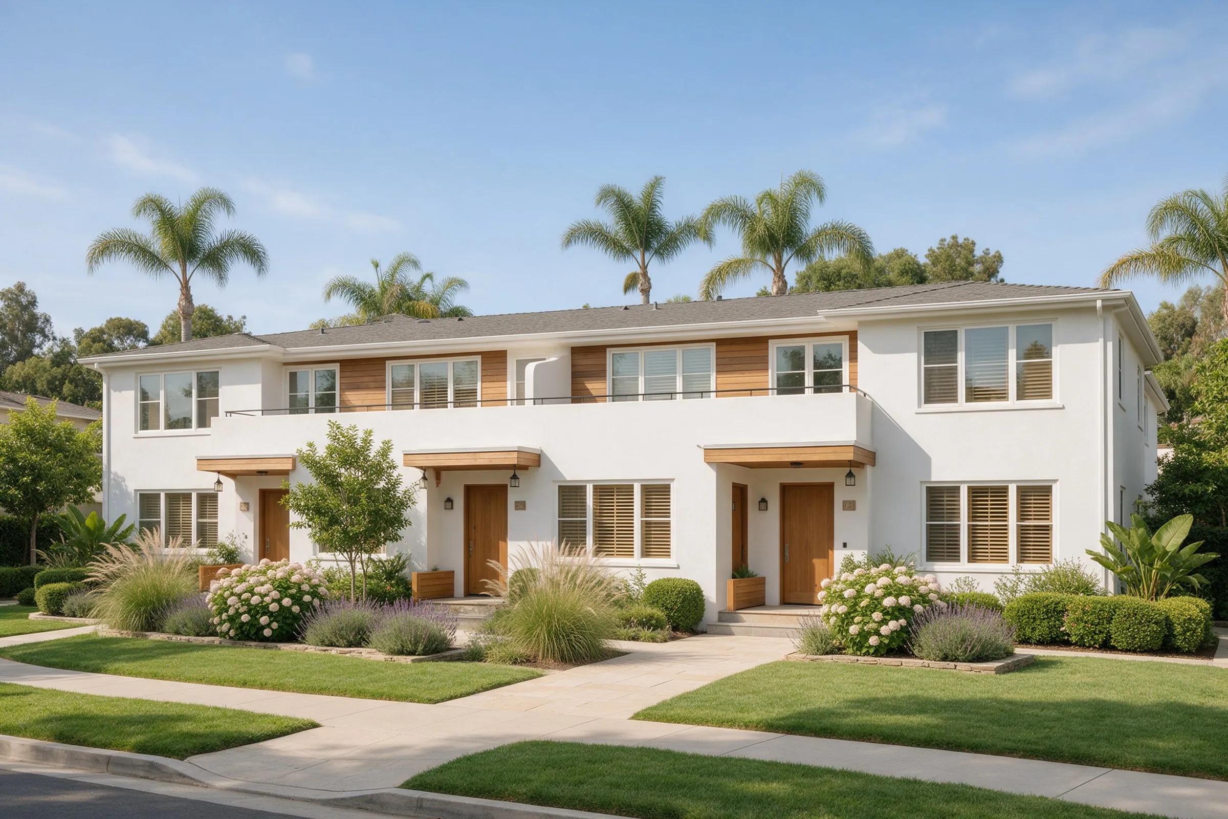 A two-story white fourplex with palm trees