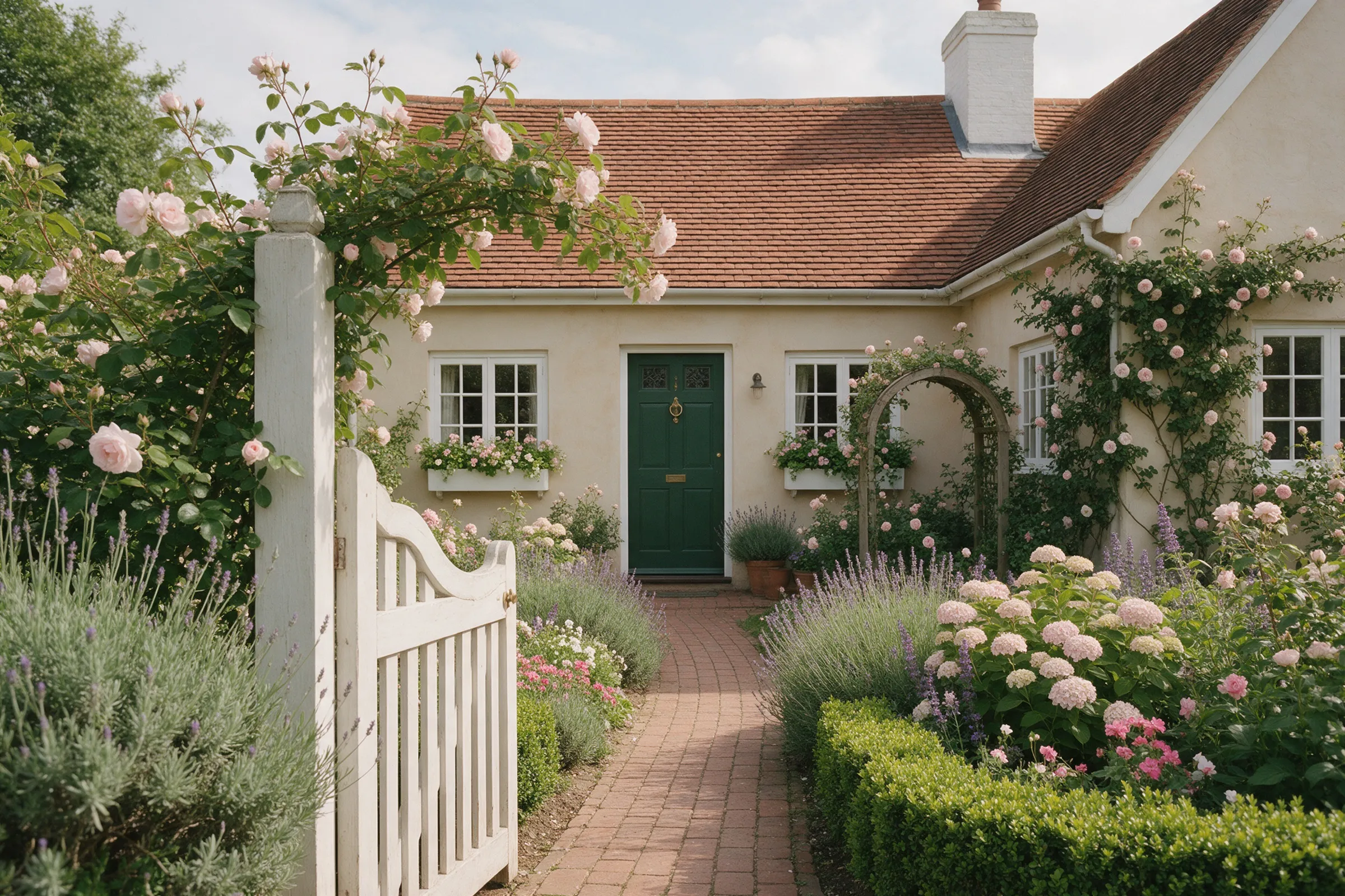 An open garden gate on a brick path leading to a green front door