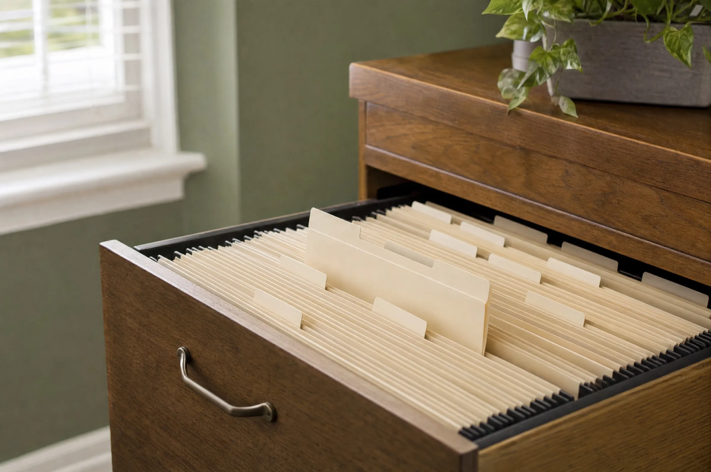 An open wooden file drawer with rows of folders