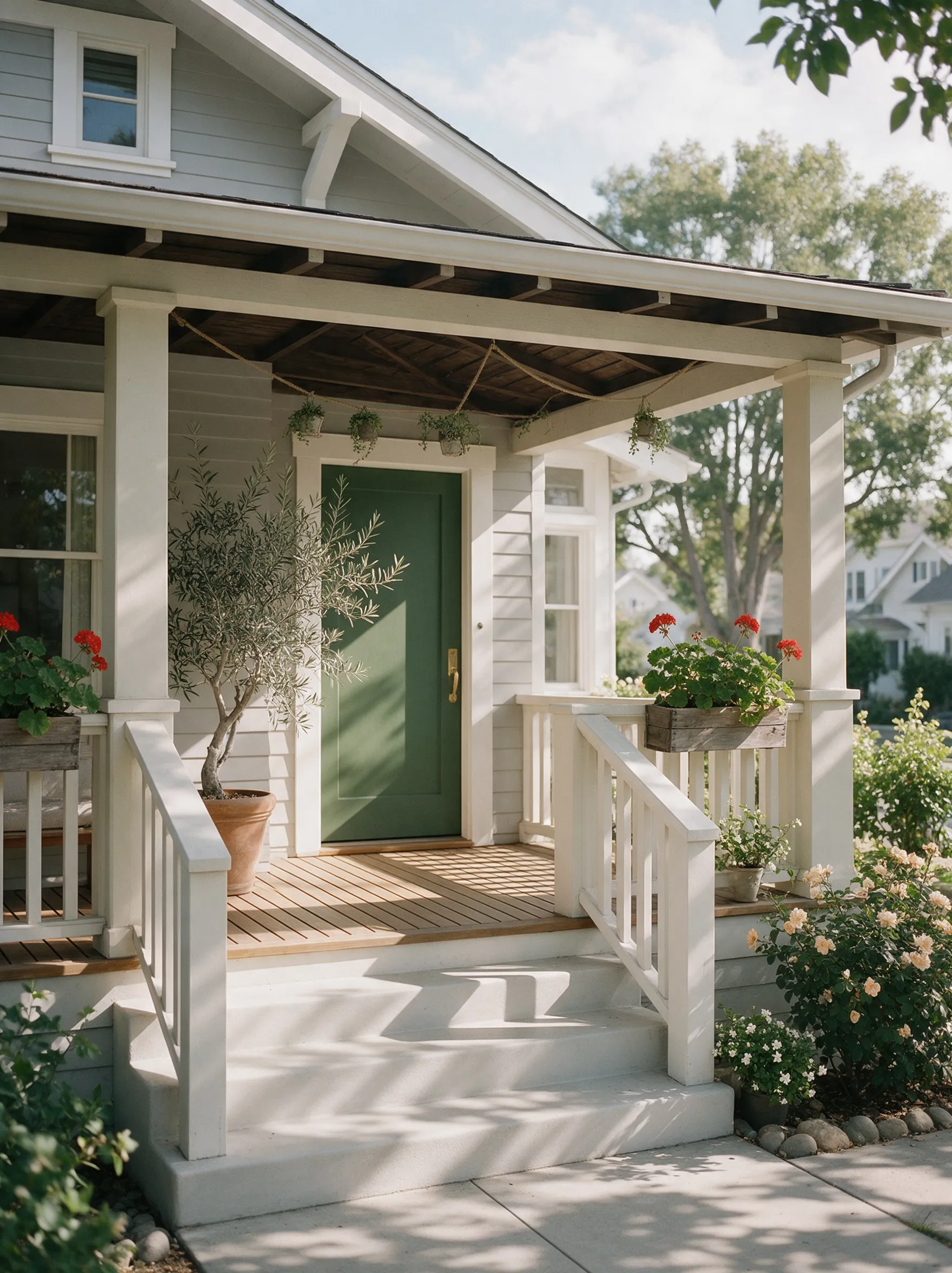 The front porch of a craftsman house with a green front door