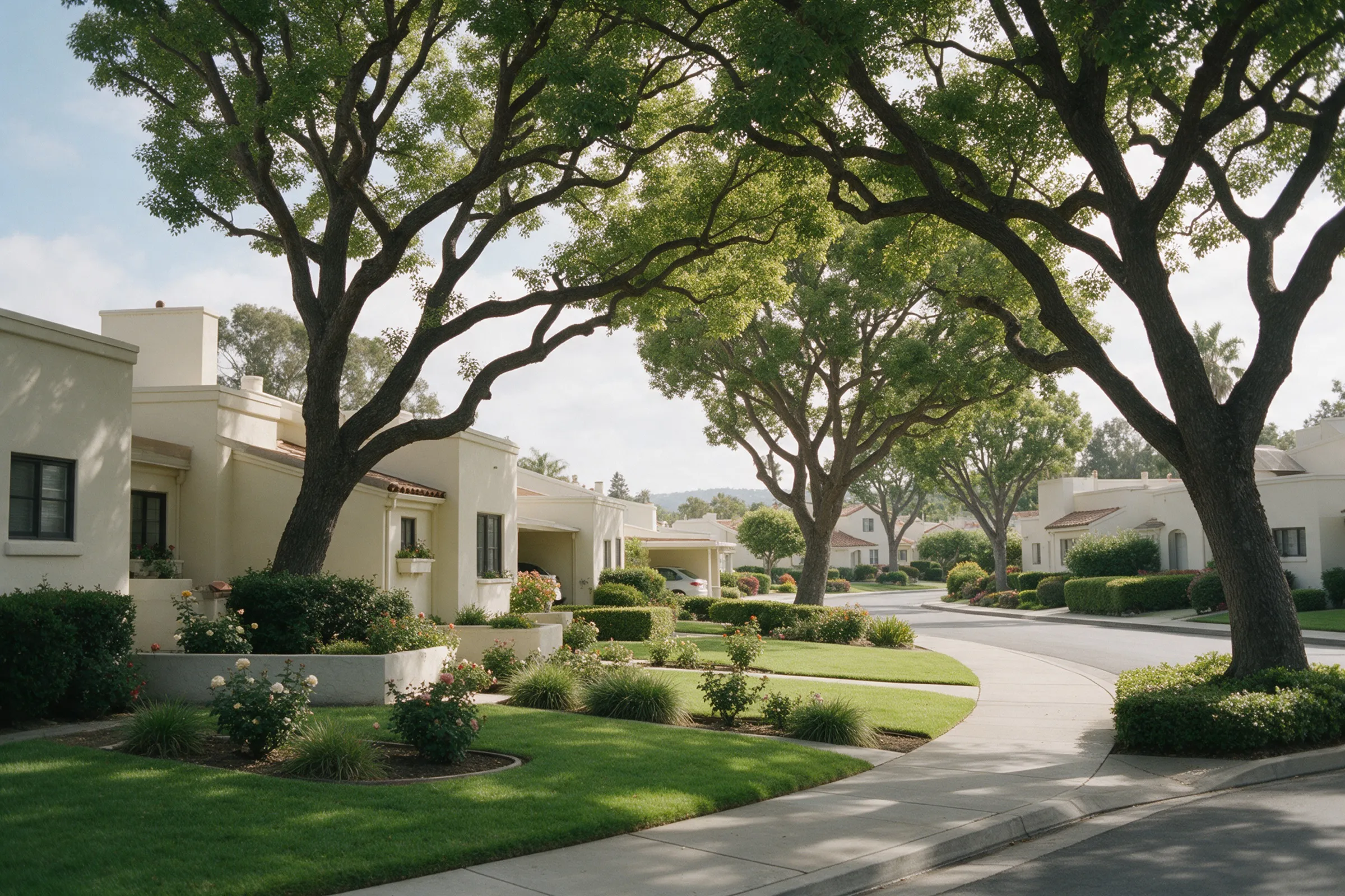 A quiet street of single-story homes under shade trees in a coastal retirement community