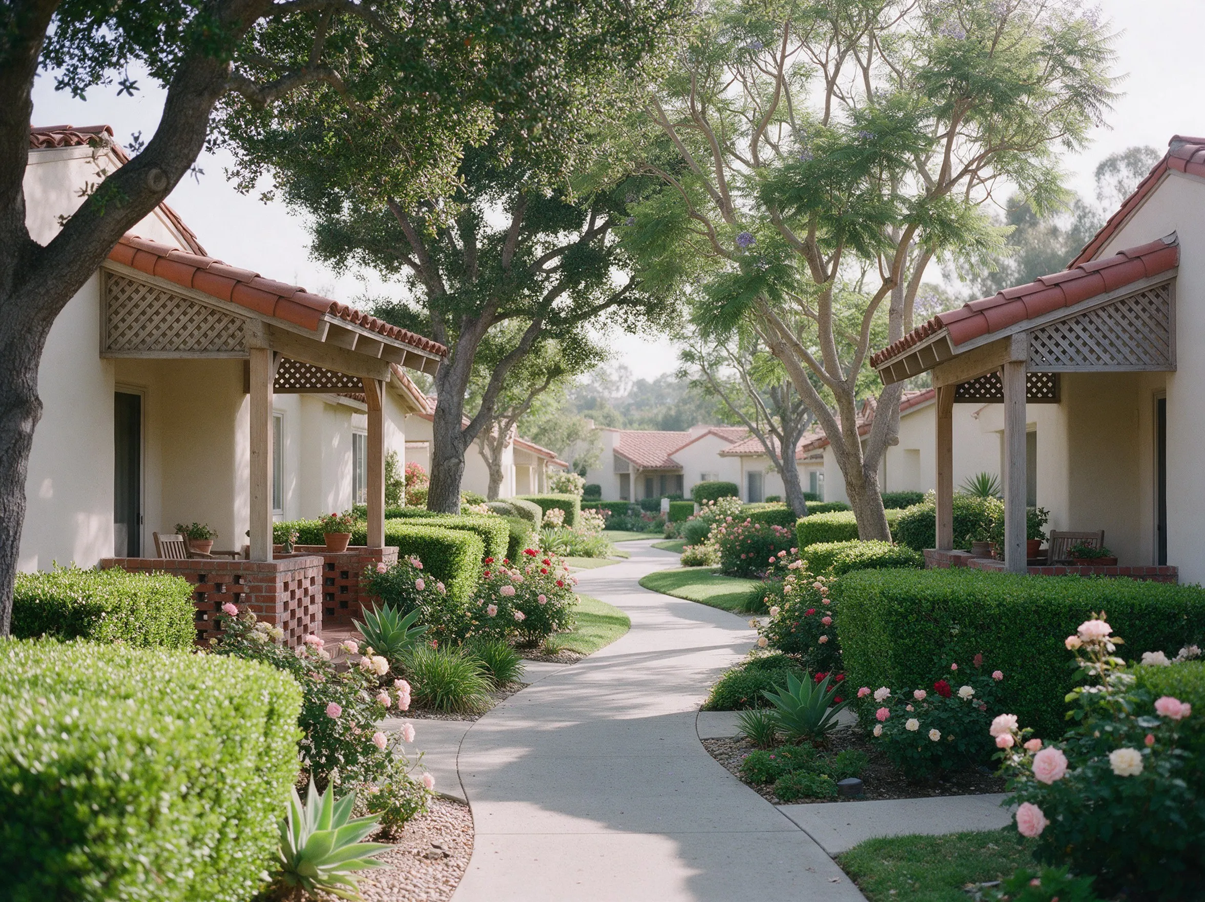 A garden walkway between single-story homes in a coastal retirement community
