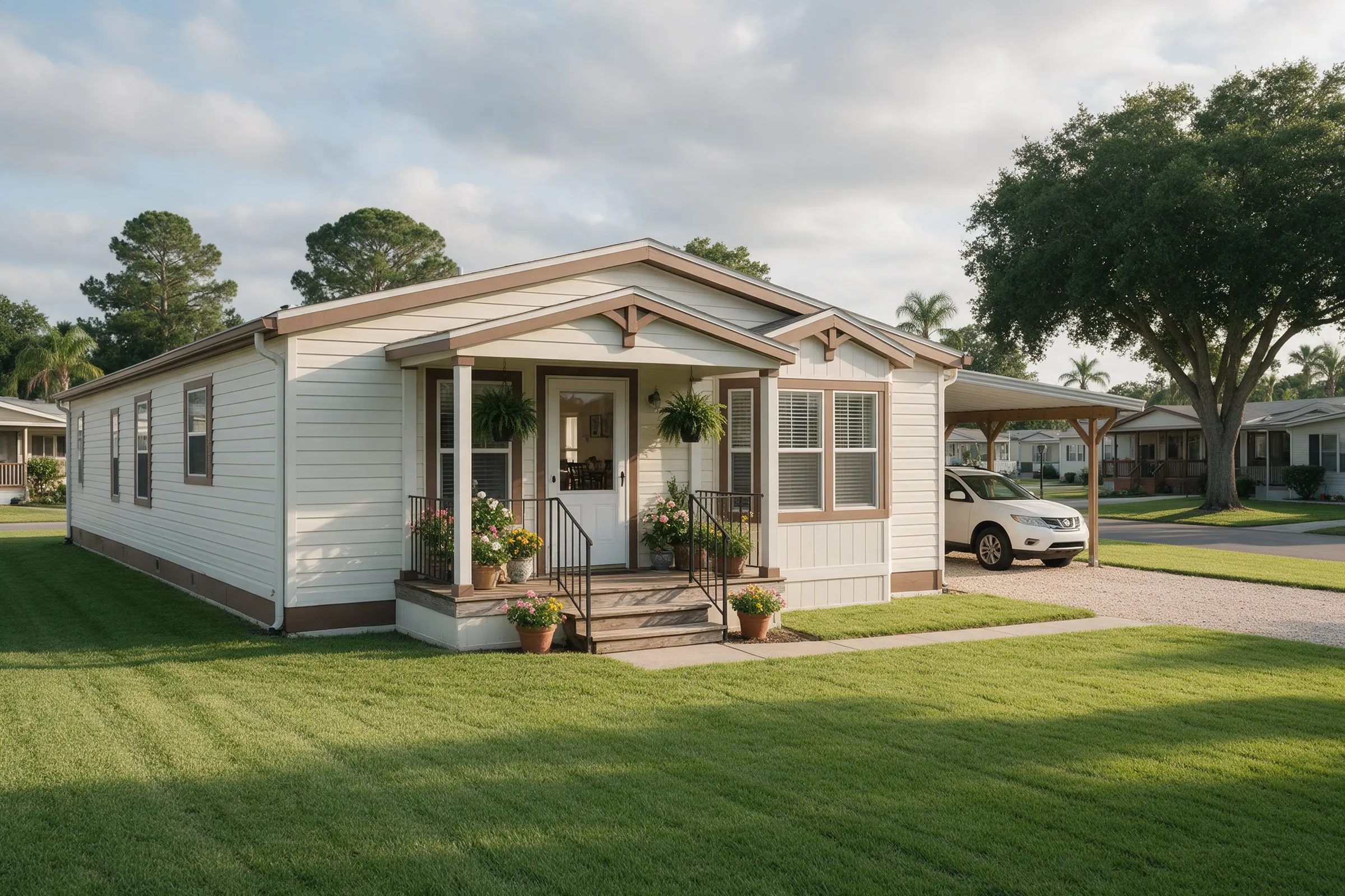 A manufactured home with a covered porch and a lawn
