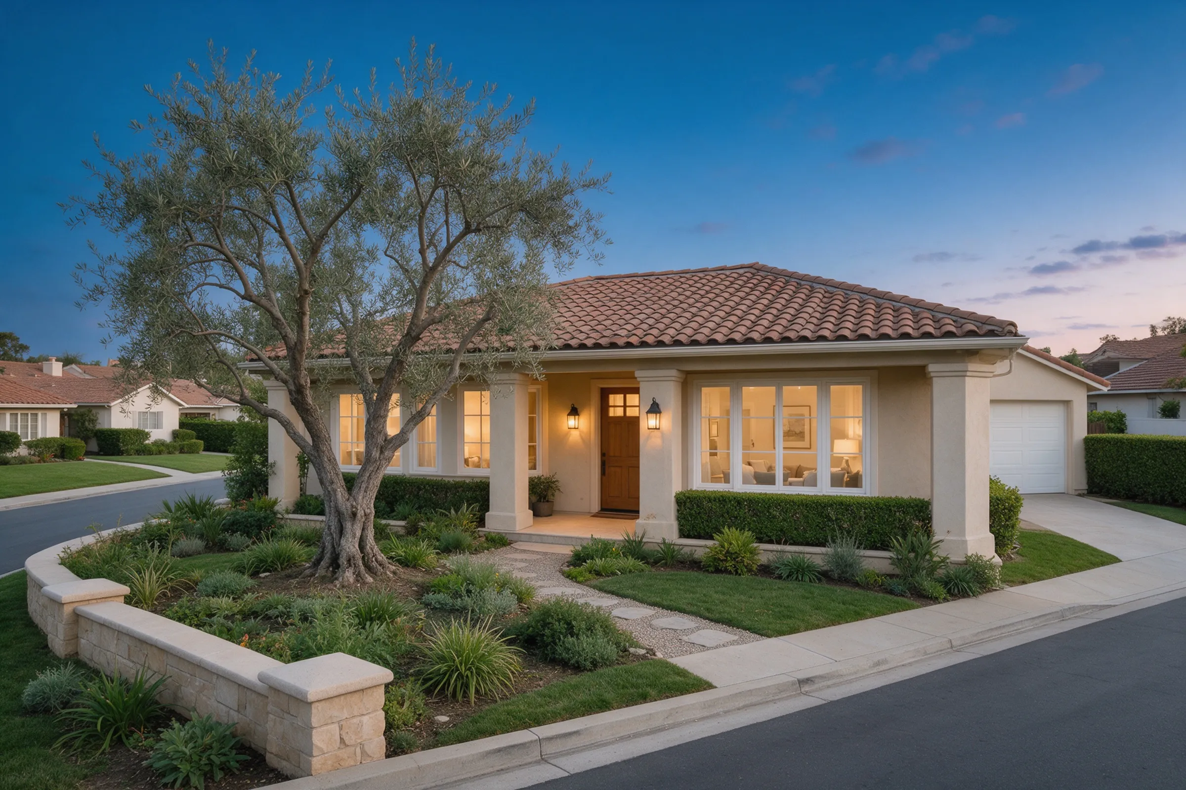 A single-story house at dusk with warm light in the windows